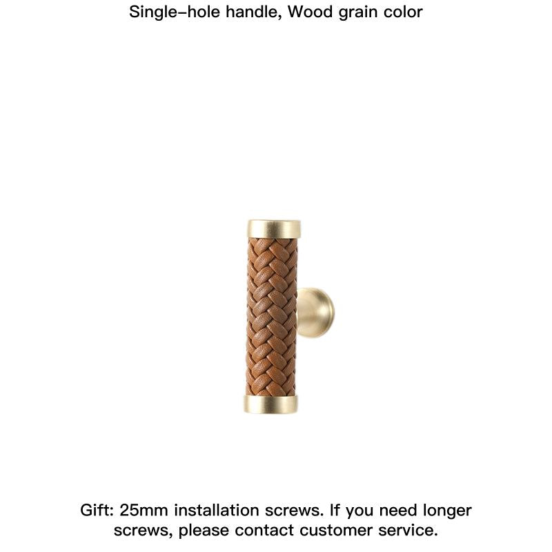 Woven leather drawer pull with gold finish, modern handle for cabinets and dressers.